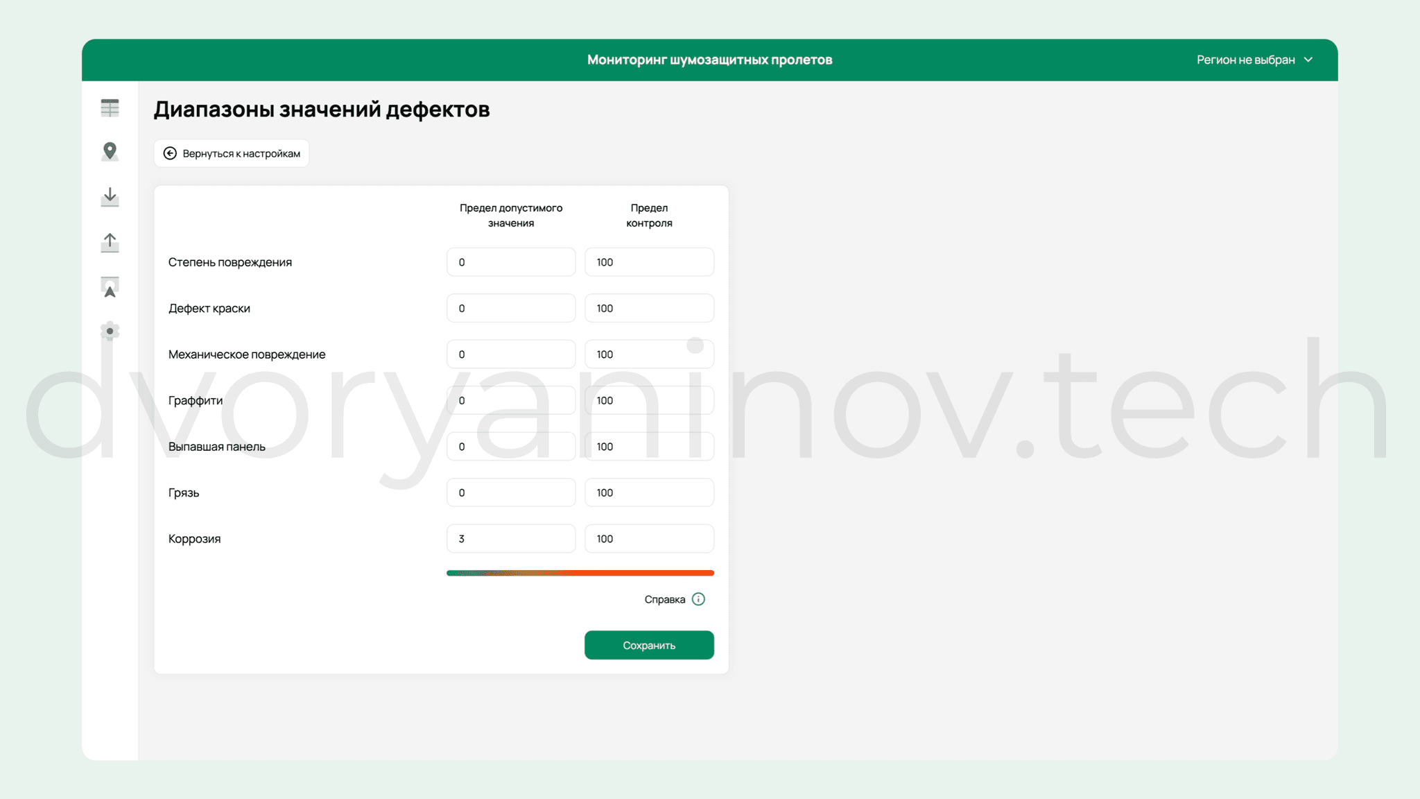 Диапазоны значений дефектов